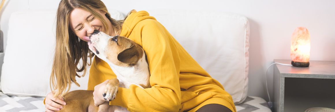 Woman in a yellow hoodie cuddling her dog on a couch, both smiling