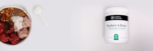 Bowl of raw dog food with Replace-A-Bone calcium powder sprinkled on top alongside the CanineCeuticals product container