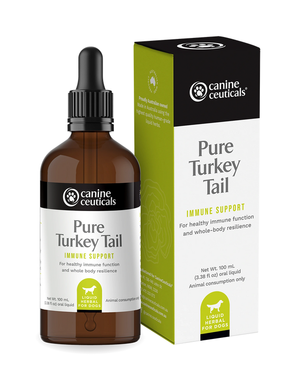 Bottle and packaging of CanineCeuticals Pure Turkey Tail supplement